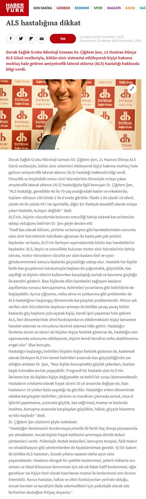 Doruk Sağlık Grubu Nöroloji Uzmanı Dr. Çiğdem Şen